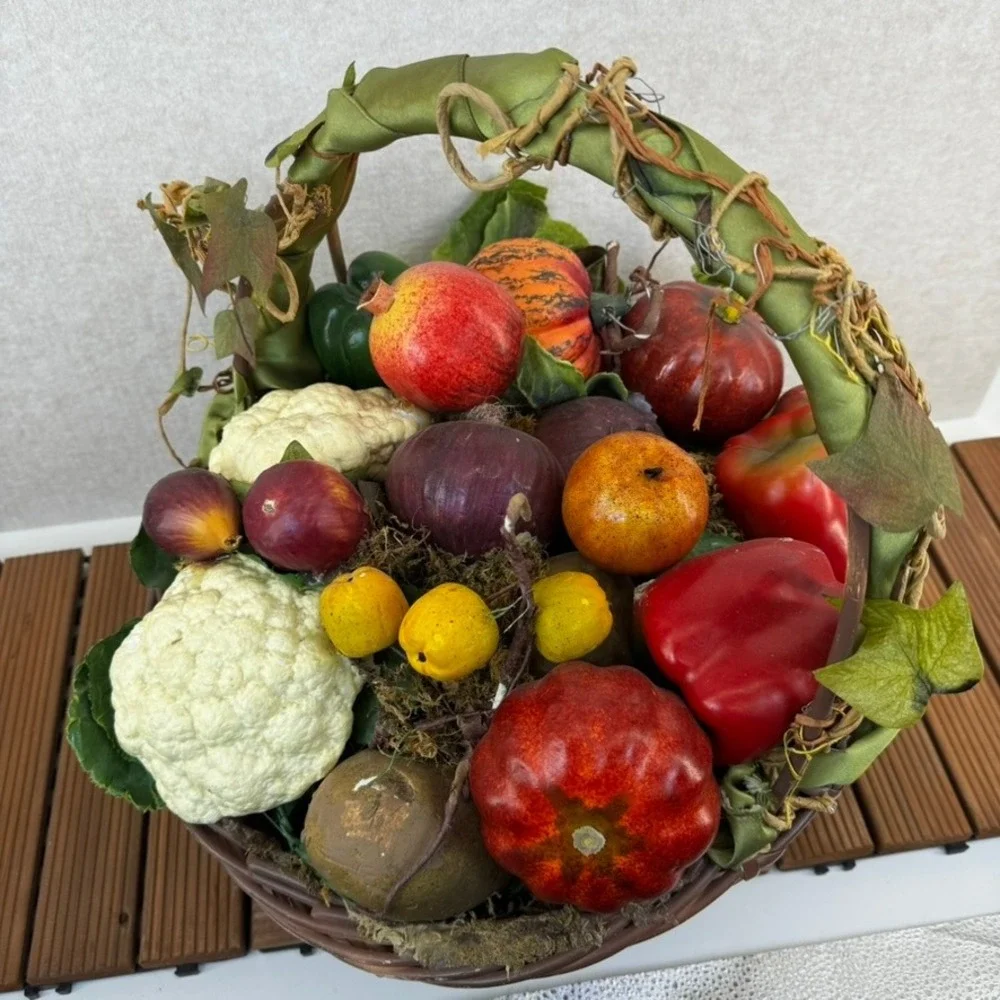 Vtg Autumn Harvest Cornucopia Basket Faux Fall Vegetables Fruits Decor